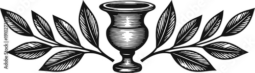 Decorative classical urn with symmetrical leafy branches design element