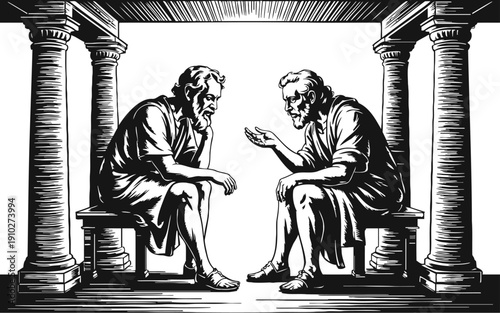 Ancient greek philosophers debating under classical columns in a black and white illustration