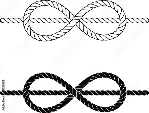 Fotografie Nautical rope infinity knot icon, marine cord loop symbol set, eternity and stre