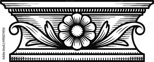 Ornate floral decorative element with vintage carved flower and leaves design in classical