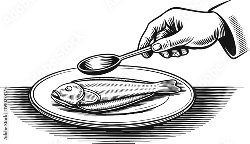 Hand holding spoon over fish on plate vintage engraving of dining, food serving, seafood meal concept illustration
