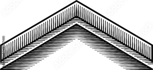 Geometric chevron shape with striped pattern, symmetrical black and white abstract design