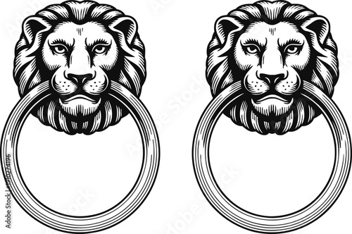 vintage lion head door knockers with round metal rings, classic ornamental hardware design