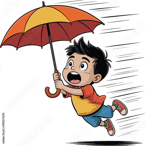 Cute cartoon boy flying through the air holding a colorful orange umbrella in a strong wind isolated on white background vector illustration.