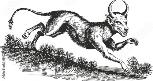 Mythical horned creature running across grassy terrain vintage fantasy monster illustration with detailed shading and texture