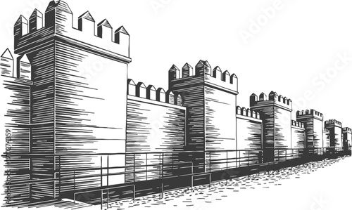 Medieval fortress wall with towers and battlements in vintage sketch illustration