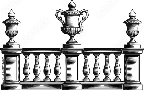 Antique stone balustrade with decorative vases and detailed classic architectural elements