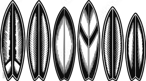 Set of seven vintage surfboard designs with detailed black and white engraving styles