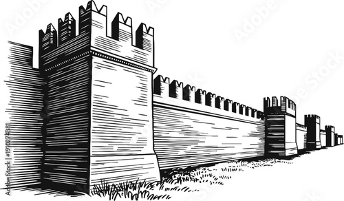 medieval fortress wall with battlements and towers in black and white vintage