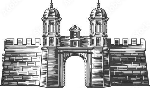Ancient fortress gate with twin towers and arched entrance detailed in vintage engraving