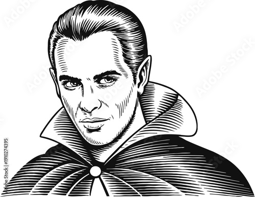 Vampire portrait with slicked hair and high collar cloak classic gothic horror character illustration in black and white