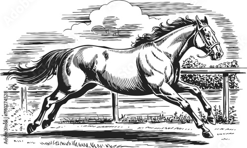 running horse illustration galloping animal on pasture with fence and cloudy sky background black and white vintage