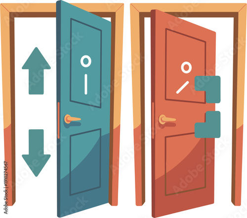 Colorful restroom door vector illustration featuring blue and red open doors with gender symbols and directional arrows isolated on white background for signage.