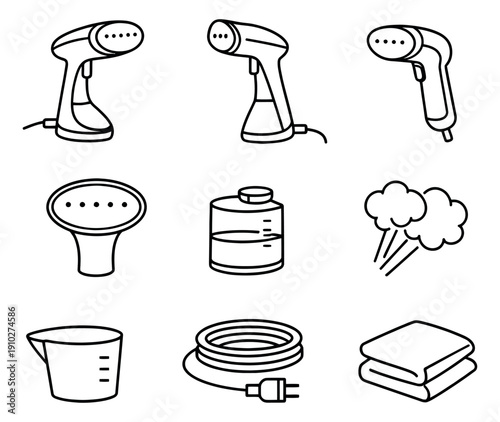 Hand drawn line art garment steamer set featuring handheld steamers, steam clouds, water tank, and a power cord for laundry and clothing care