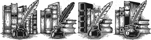Ink pot and quill pen with stacks of books vintage engraving illustration for literature and writing concepts