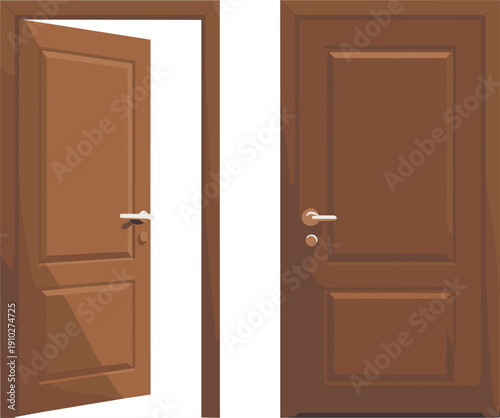 Modern brown wooden door vector illustration showing one open and one closed interior door isolated on white background for home design.