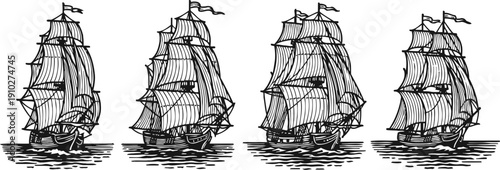 Classic vintage sailing ships silhouettes with full sails on water waves, old maritime vessels collection