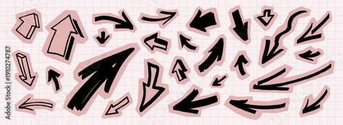 Cut-out scrapbook arrow set on grid paper. Playful paper collage of hand-drawn arrows, crayon doodles, and cut shapes. Scrapbook stickers for kids' craft projects and creative backgrounds