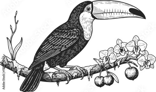 Toucan bird perched on a tropical branch with orchids and fruits detailed black and white illustration