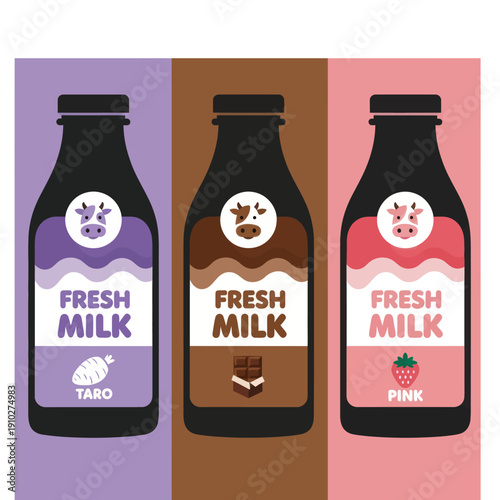 Bottles of Fresh Milk with Labels.