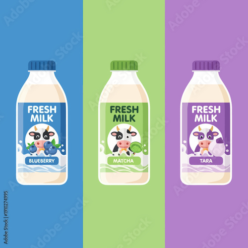 Three Bottles Fresh Milk Different Flavors.