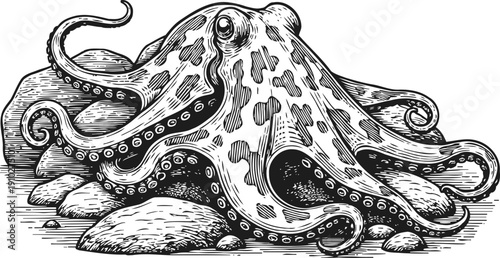 Detailed vintage illustration of an octopus resting on rocks with curled tentacles and textured body
