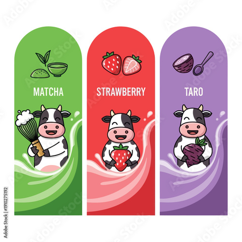 Cartoon Cow Characters with Different Flavors.