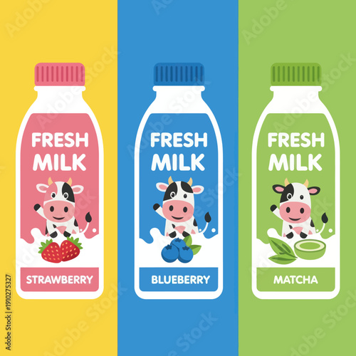Colorful Cartoon Milk Bottles with Flavors.