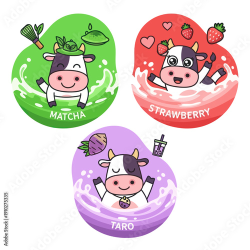 Cartoon Cow Ice Cream Flavors Matcha Strawberry Tar.
