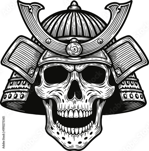 Skull wearing traditional samurai helmet detailed black and white japanese warrior symbol illustration