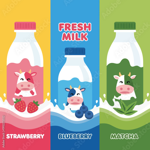Cartoon Cow Milk Bottles with Flavours.