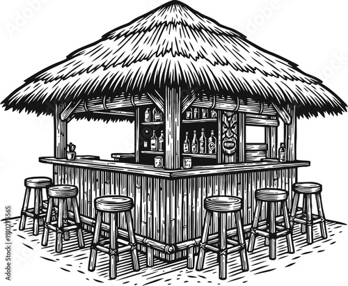 Tiki bar with thatched roof and wooden stools, tropical outdoor cocktail lounge design