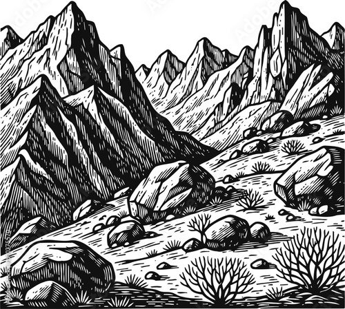 Black and white mountain landscape with rocky hills and shrubbery, engraved vintage wilderness scene