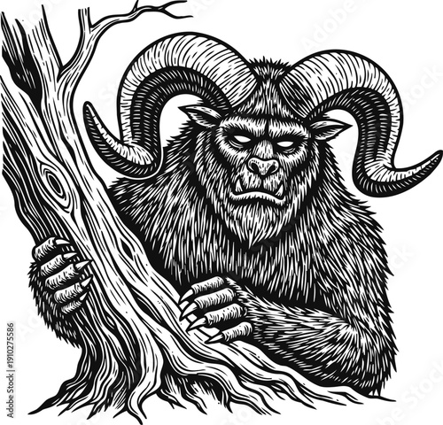 Fierce horned beast gripping tree with sharp claws detailed mythical creature illustration in black and white