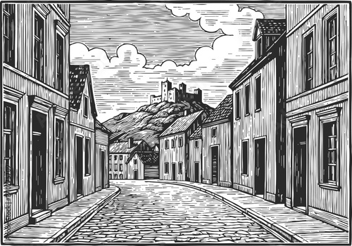 Old village street with cobblestone road and castle on hill in vintage woodcut