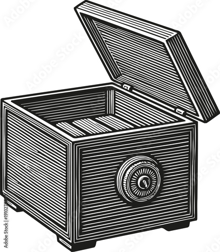 Vintage wooden safe box with open lid and combination lock, retro security container