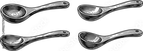 Wooden spoons set with carved texture handcrafted rustic kitchen utensils in vintage