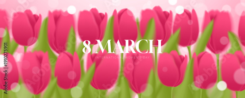 Graceful vector card for International Women's Day. Blurred pink tulips and glowing bokeh effect on soft pink background. Perfect for elegant 8 March greetings, banners, and digital invitations.