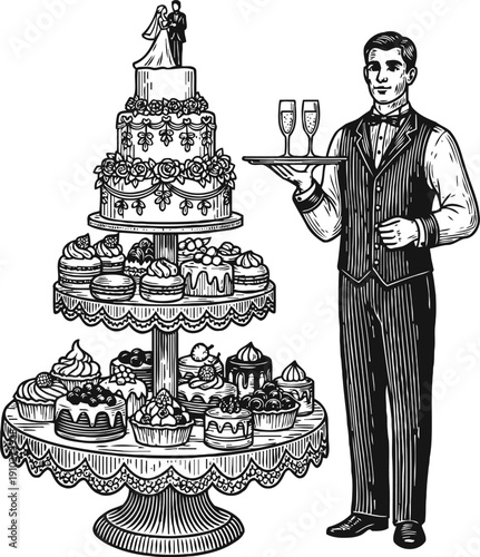 Vintage waiter serving champagne glasses next to wedding cake and assorted desserts on tiered stand