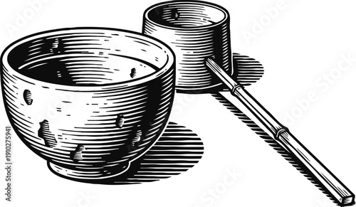 Japanese tea bowl and wooden scoop with traditional engraved texture illustration