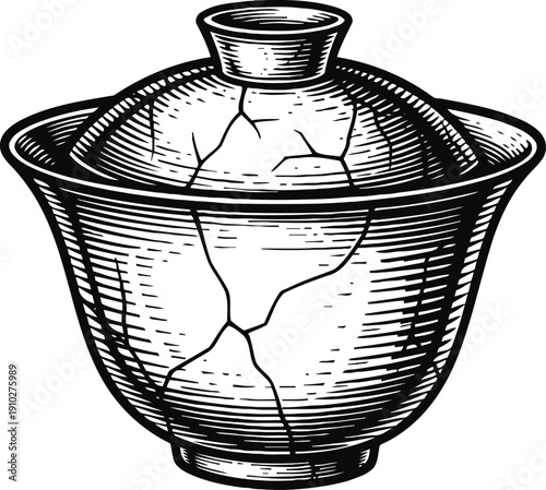 Cracked ceramic bowl with lid vintage illustration, broken pottery container in black and white