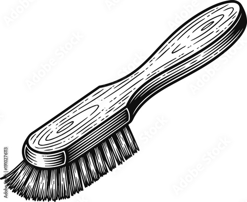 Wooden brush with stiff bristles, vintage cleaning tool illustration