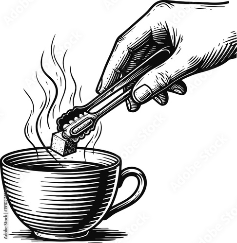 Hand holding tongs placing sugar cube into steaming hot cup of tea or coffee vintage black and white engraving illustration