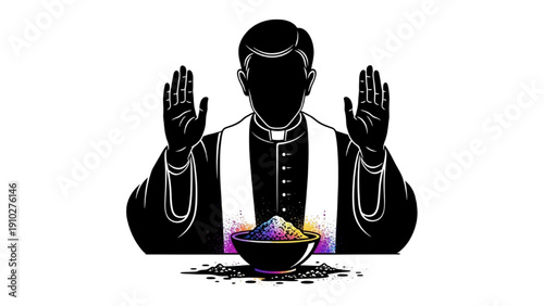 High-quality black outline colorful art of a priest blessing ashes, minimal silhouette, Ash Wednesday Christian Lent illustration