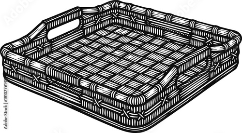 Wicker tray with handles hand drawn rectangular basket for serving and storage rustic natural fiber weave design