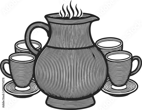 Hot coffee pitcher with steam and three cups and saucers classic beverage set for serving and drinking