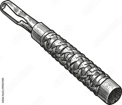 Hand drawn braided hunting whip illustration leather strap with woven design and loop handle