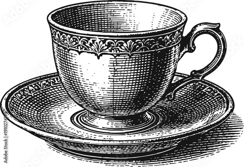 Vintage teacup and saucer illustration decorative antique porcelain cup with ornate patterns and elegant handle