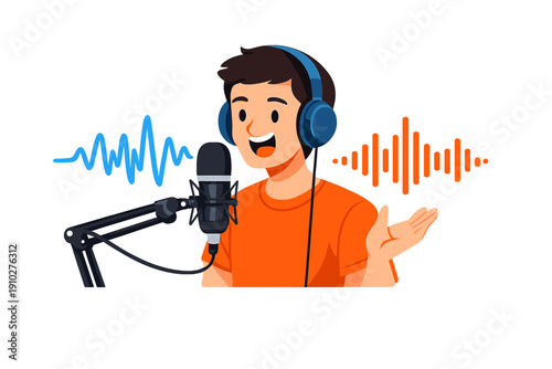 Cartoon man speaking into microphone with audio waveform