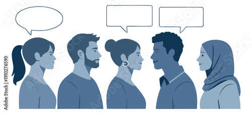 Modern flat illustration set featuring a diverse group of people with speech bubbles for communication and social interaction